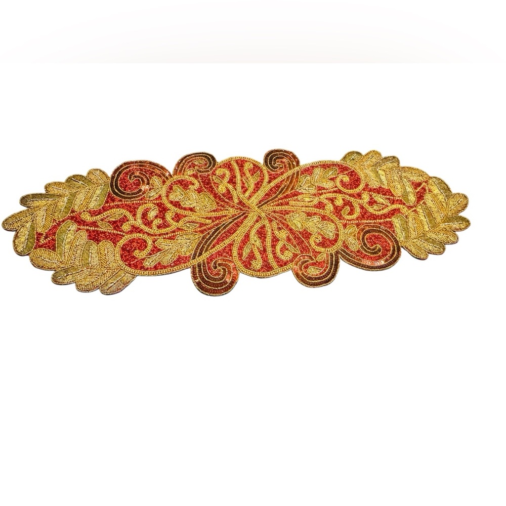 Glass Beaded Table Runner Cotton Craft Leaf/Floral Tableware 11x35 Made in India